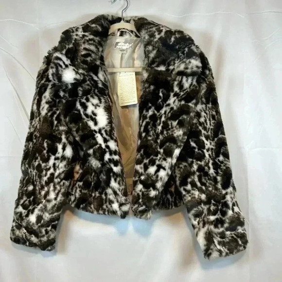 BAND OF THE FREE FAUX FUR JACKET ANIMAL PRINT IVORY  BLACK NO CLOSURE SIZE M - Picture 1 of 9